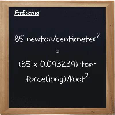 How to convert newton/centimeter<sup>2</sup> to ton-force(long)/foot<sup>2</sup>: 85 newton/centimeter<sup>2</sup> (N/cm<sup>2</sup>) is equivalent to 85 times 0.093239 ton-force(long)/foot<sup>2</sup> (LT f/ft<sup>2</sup>)
